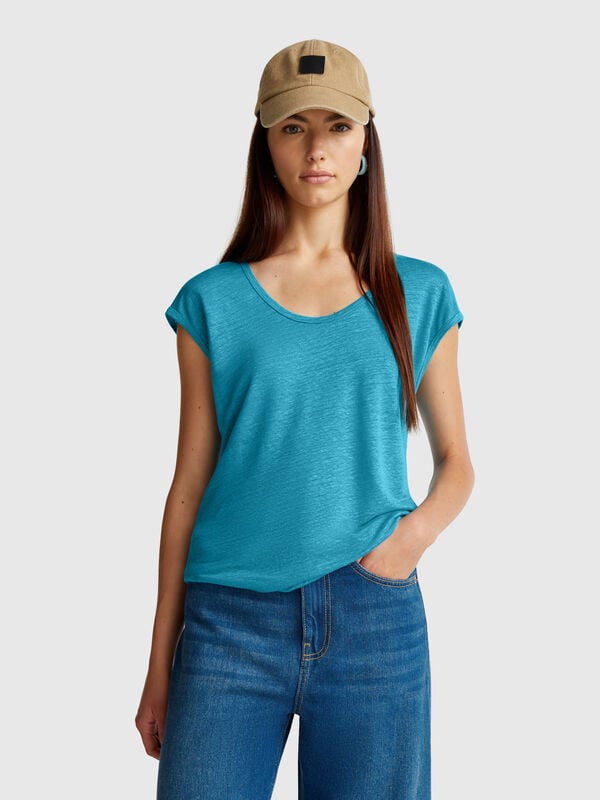 T-shirt col large en pur lin Femme