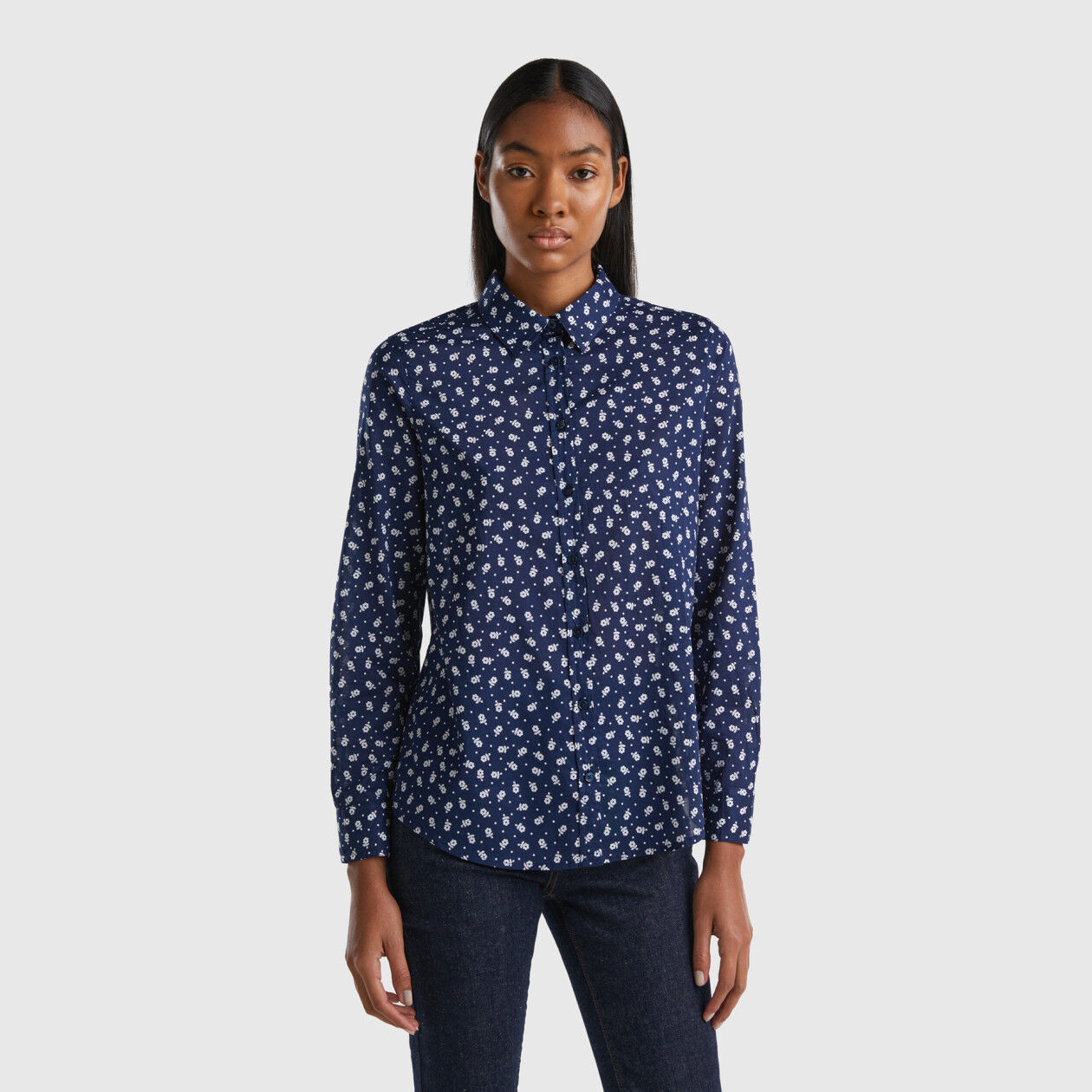 Chemise bleu fonc fleurs Bleu Fonc Benetton