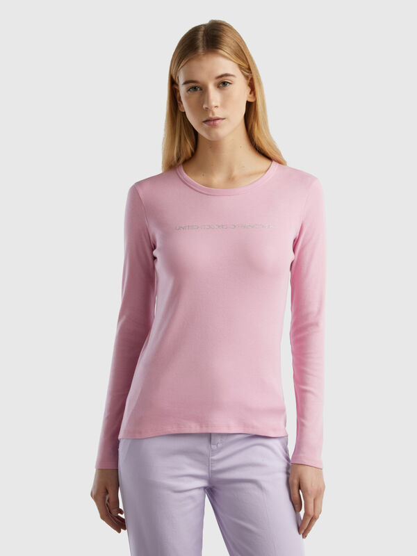 T-shirt rose pastel à manches longues 100 % coton Femme