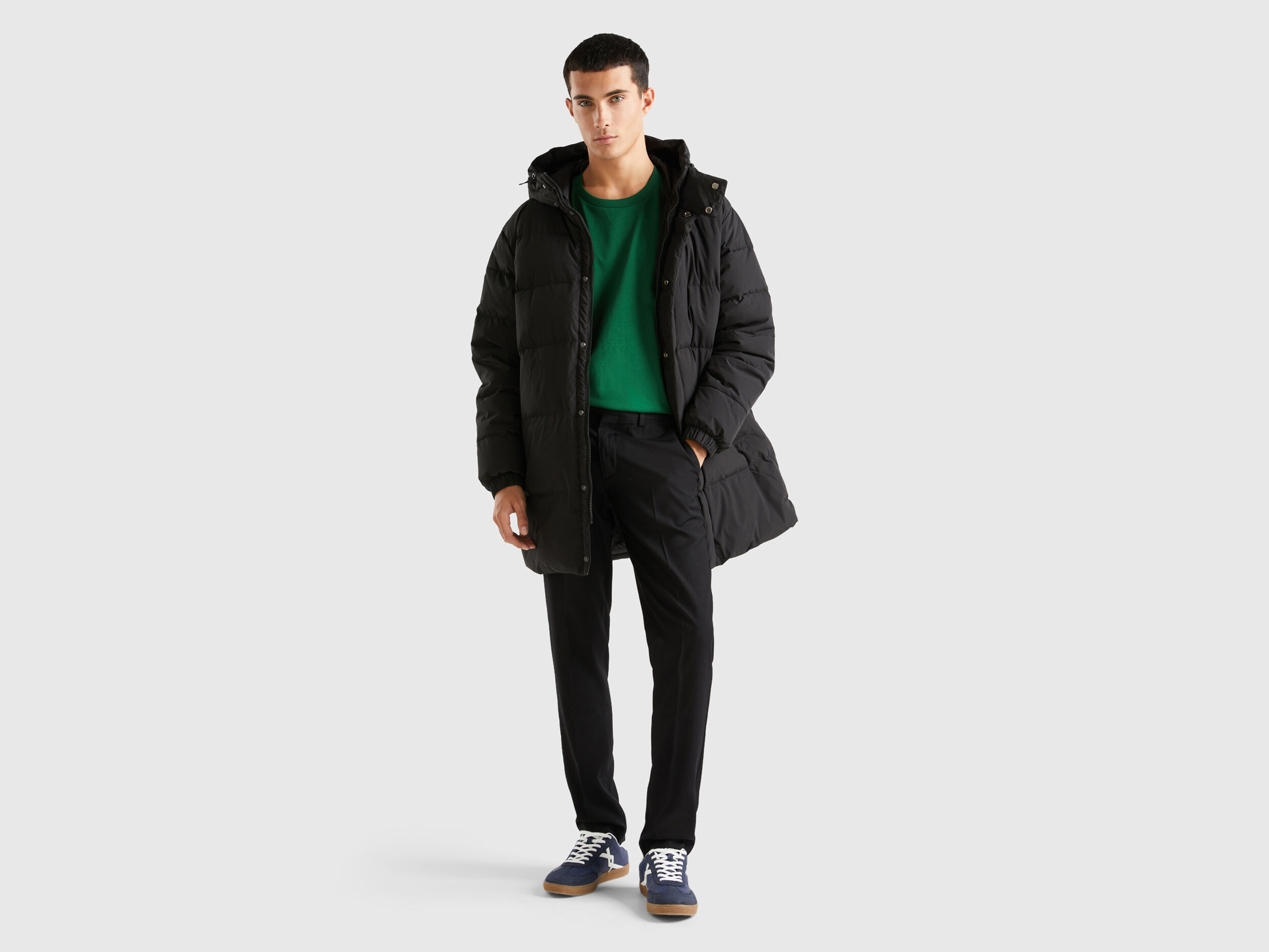 Doudoune longue rembourr e en plume recycl e Noir Benetton