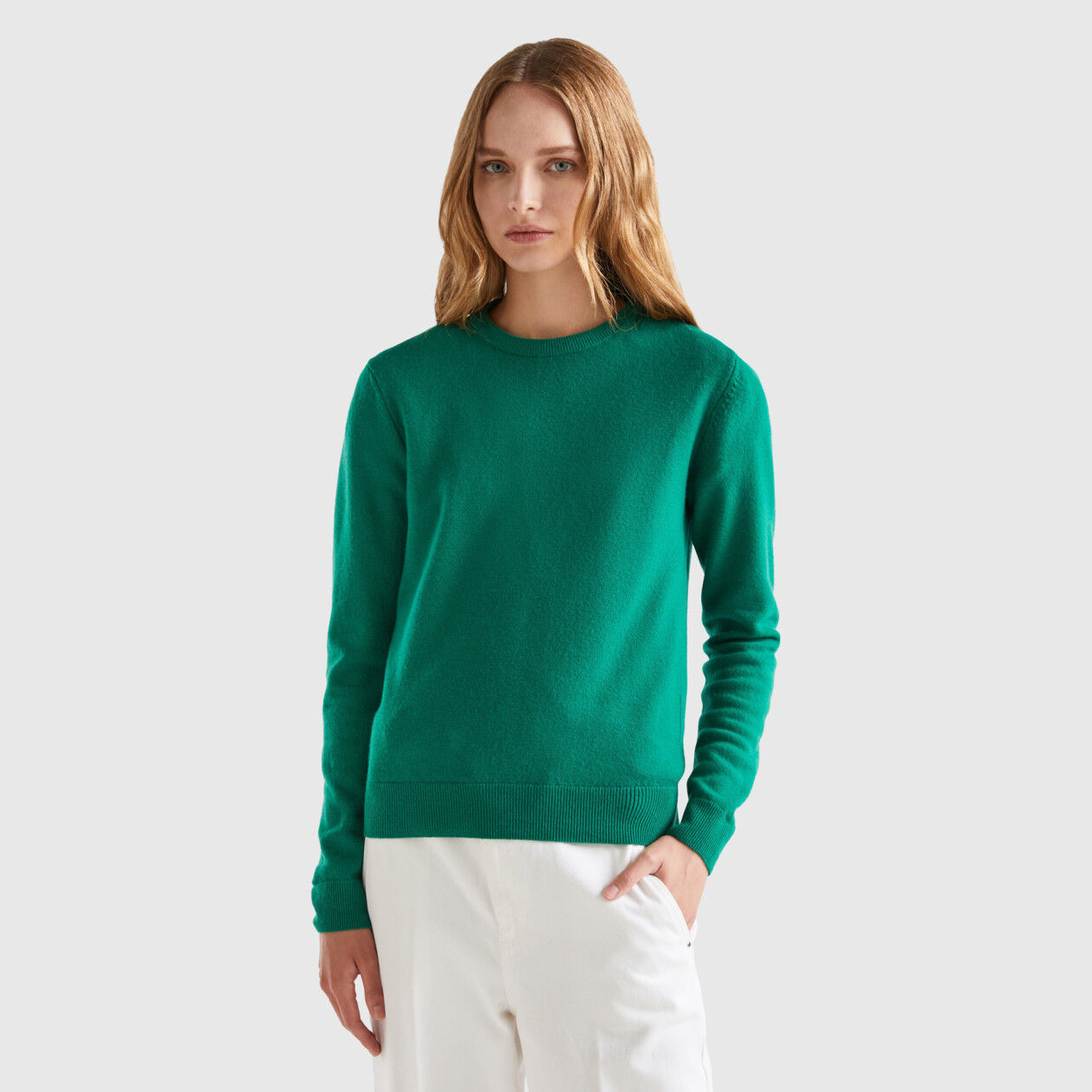 Pull vert for t col rond en laine m rinos Vert Benetton