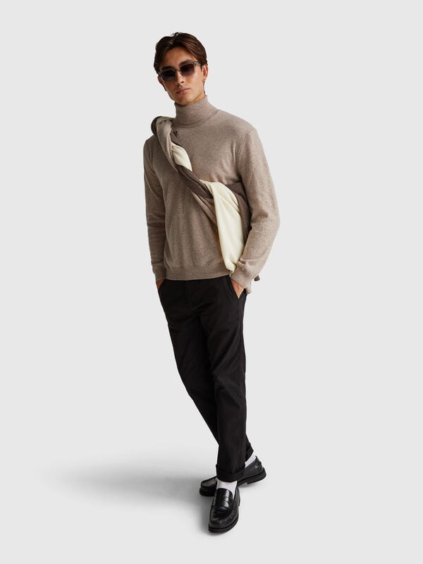 Col roulé marron chiné en pure laine mérinos Homme