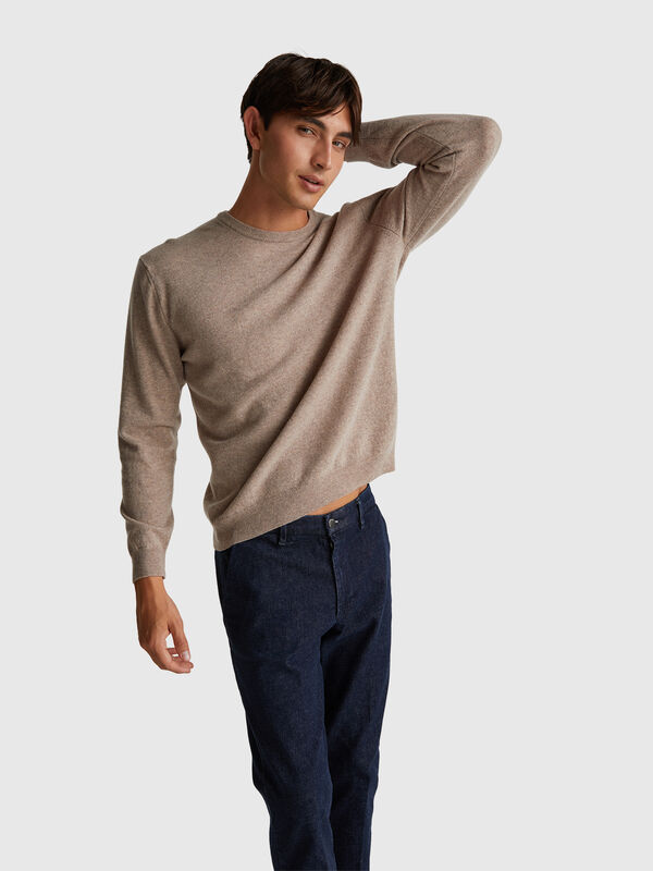 Pull ras du cou marron chiné en pure laine mérinos Homme