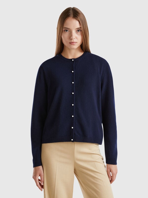 Cardigan bleu foncé en pure laine mérinos Femme