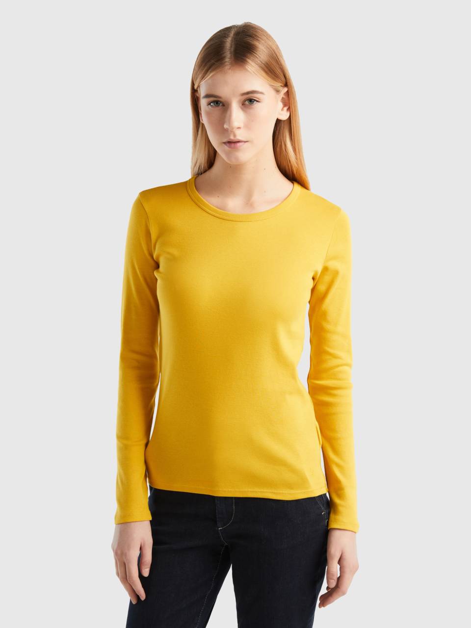 T shirt manches longues en pur coton Jaune Benetton